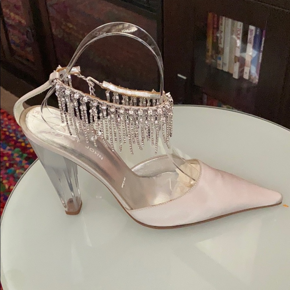 St John silver satin Swarovski crystal shoes